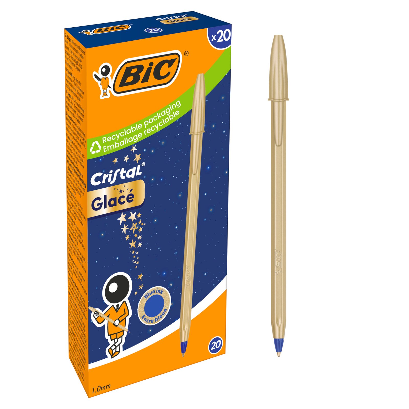 BIC Cristal Glacé Bolígrafos Punta Media (1,0 mm) Tinta Azul Recargable - Cuerpo Dorado, Caja de 20