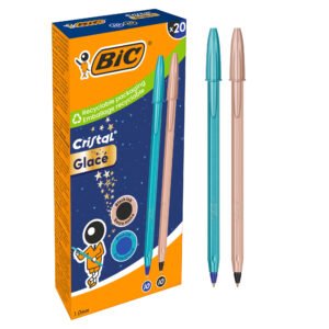 BIC Cristal Glacé Bolígrafos Punta Media (1,0 mm) Recargables - 10 Cuerpo Azul (Tinta Azul) + 10 Cuerpo Oro Rosa (Tinta Negra), Caja de 20
