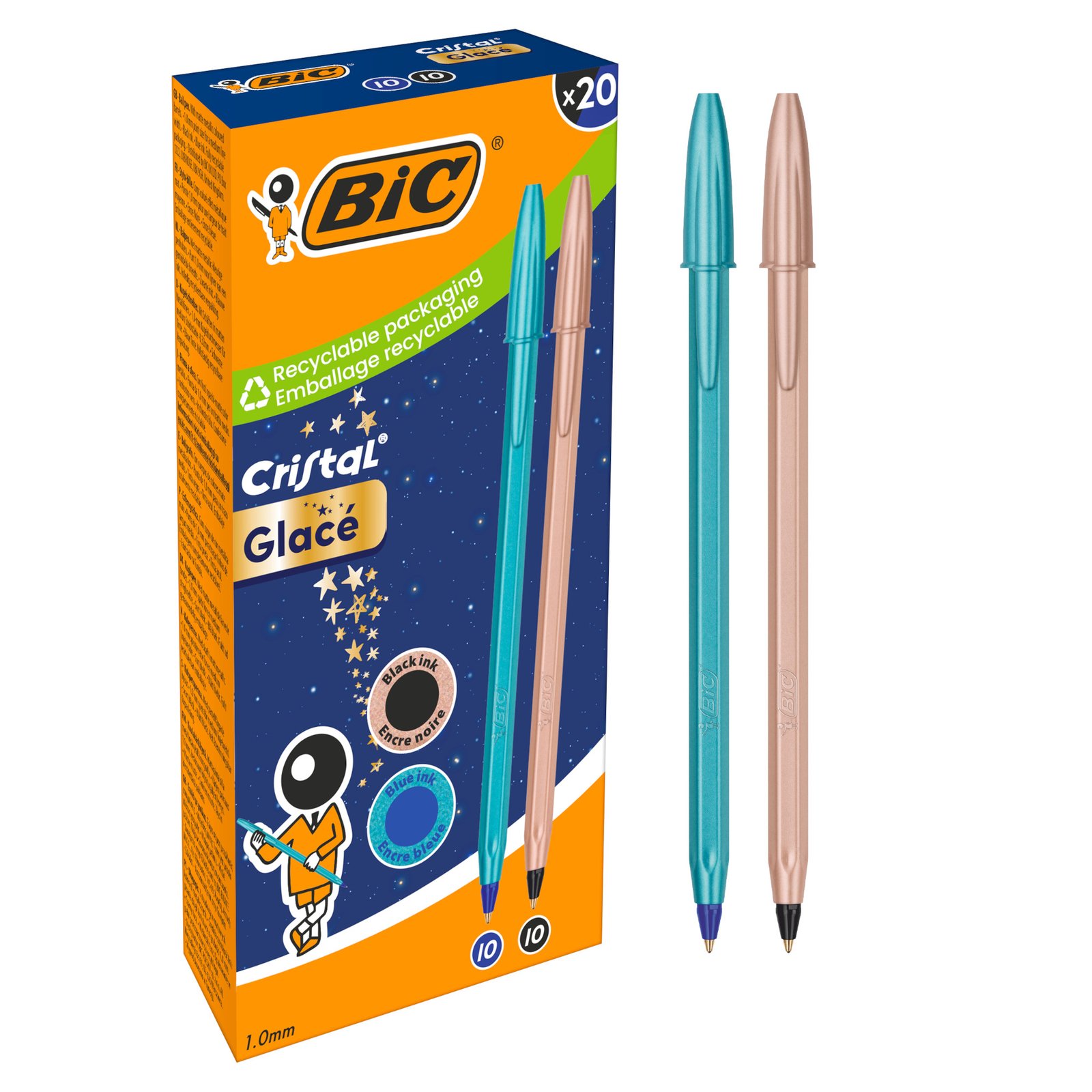 BIC Cristal Glacé Bolígrafos Punta Media (1,0 mm) Recargables - 10 Cuerpo Azul (Tinta Azul) + 10 Cuerpo Oro Rosa (Tinta Negra), Caja de 20
