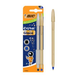 BIC Cristal Glacé Bolígrafos Punta Media (1,0 mm) Recargables - 1 Dorado (Tinta Azul) + 1 Plateado (Tinta Negra), Caja de 2