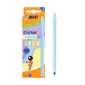 BIC Cristal Pastel Bolígrafos Punta Media (1,0 mm) Tinta Azul - Cuerpos Pastel Surtidos, Caja de 5