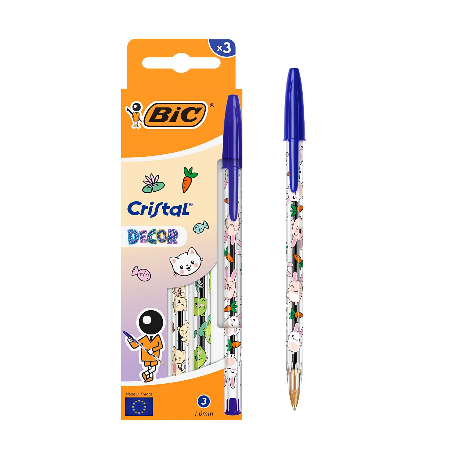 BIC Cristal Decors Kawaii Bolígrafos Punta Media (1,0 mm) Tinta Azul - Diseños Kawaii Surtidos, Pack de 3