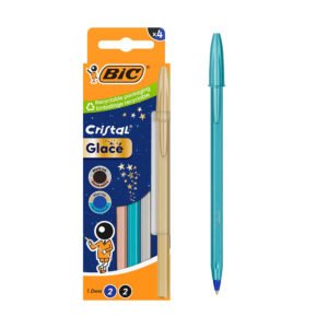 BIC Cristal Glacé Bolígrafos Punta Media (1,0 mm) Recargables - 1 Azul, 1 Dorado, 1 Plateado, 1 Oro Rosa, Caja de 4