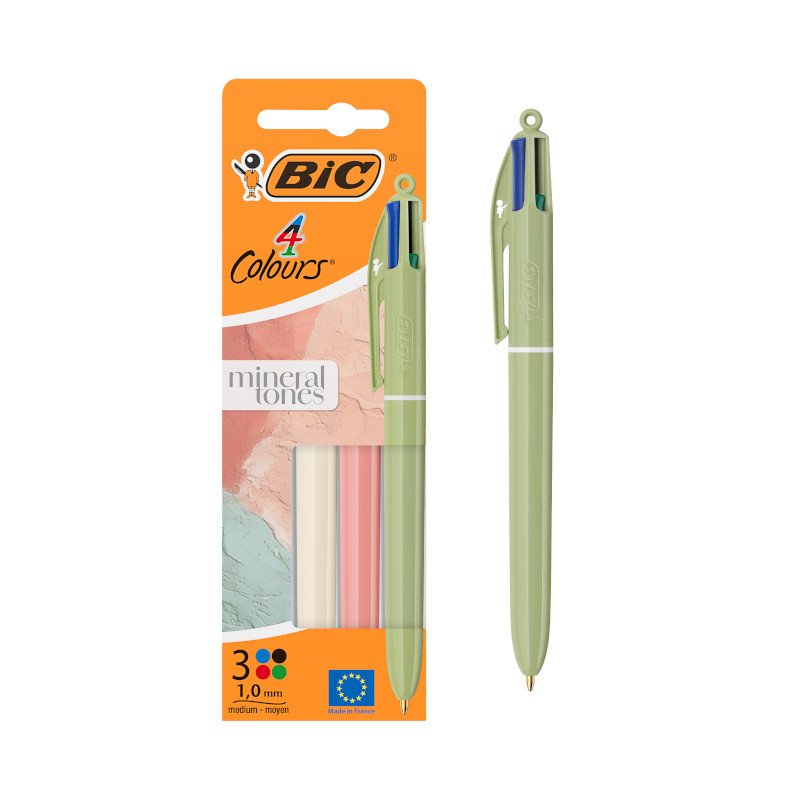 BIC 4 Colores Mineral Tones Bolígrafos Punta Media (1,0 mm) - Cuerpos Beige, Oliva y Frambuesa, Pack de 3