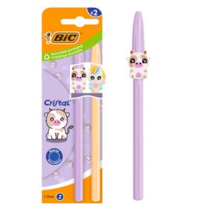 BIC Cristal Pastel Figuritas Bolígrafos Punta Media (1,0 mm) Tinta Azul - Figuritas Vaca y Unicornio en Cuerpos Morado y Coral, Pack de 2