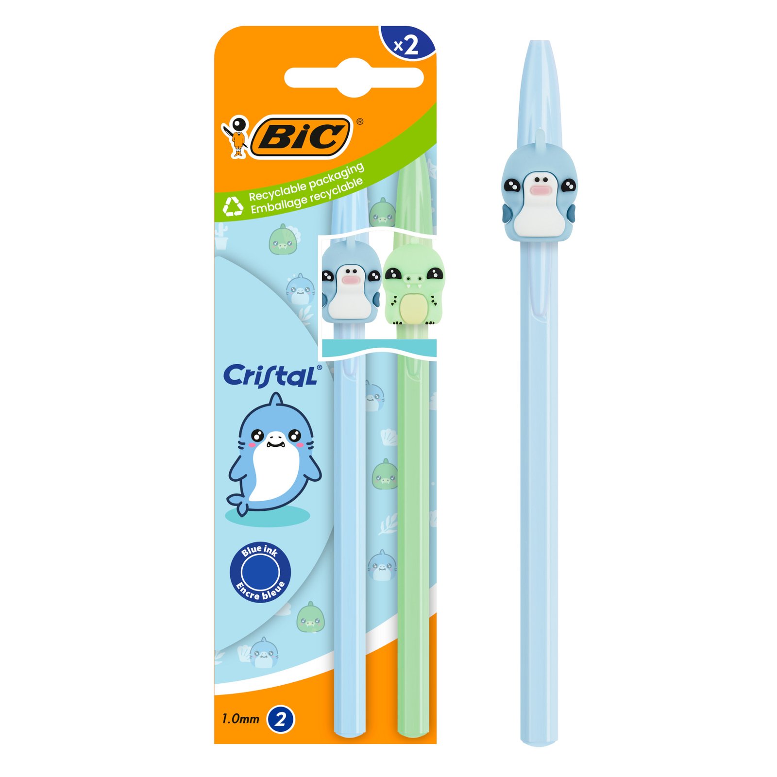 BIC Cristal Pastel Figuritas Bolígrafos Punta Media (1,0 mm) Tinta Azul - Figuritas Delfín y Lagarto en Cuerpos Azul y Verde, Pack de 2