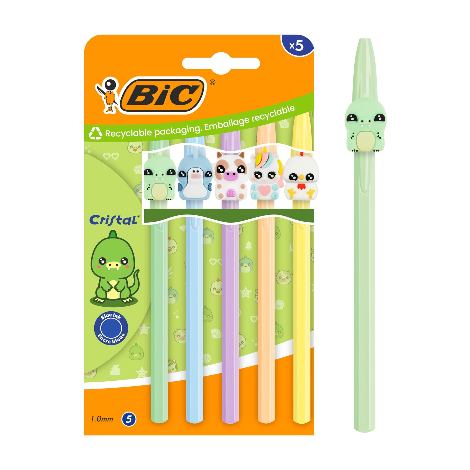 BIC Cristal Pastel Figuritas Bolígrafos Punta Media (1,0 mm) Tinta Azul - 5 Personajes y Colores Surtidos, Pack de 5
