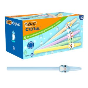 BIC Cristal Pastel Figuritas Bolígrafos Punta Media (1,0 mm) Tinta Azul - 5 Personajes y Colores Surtidos, Caja de 20