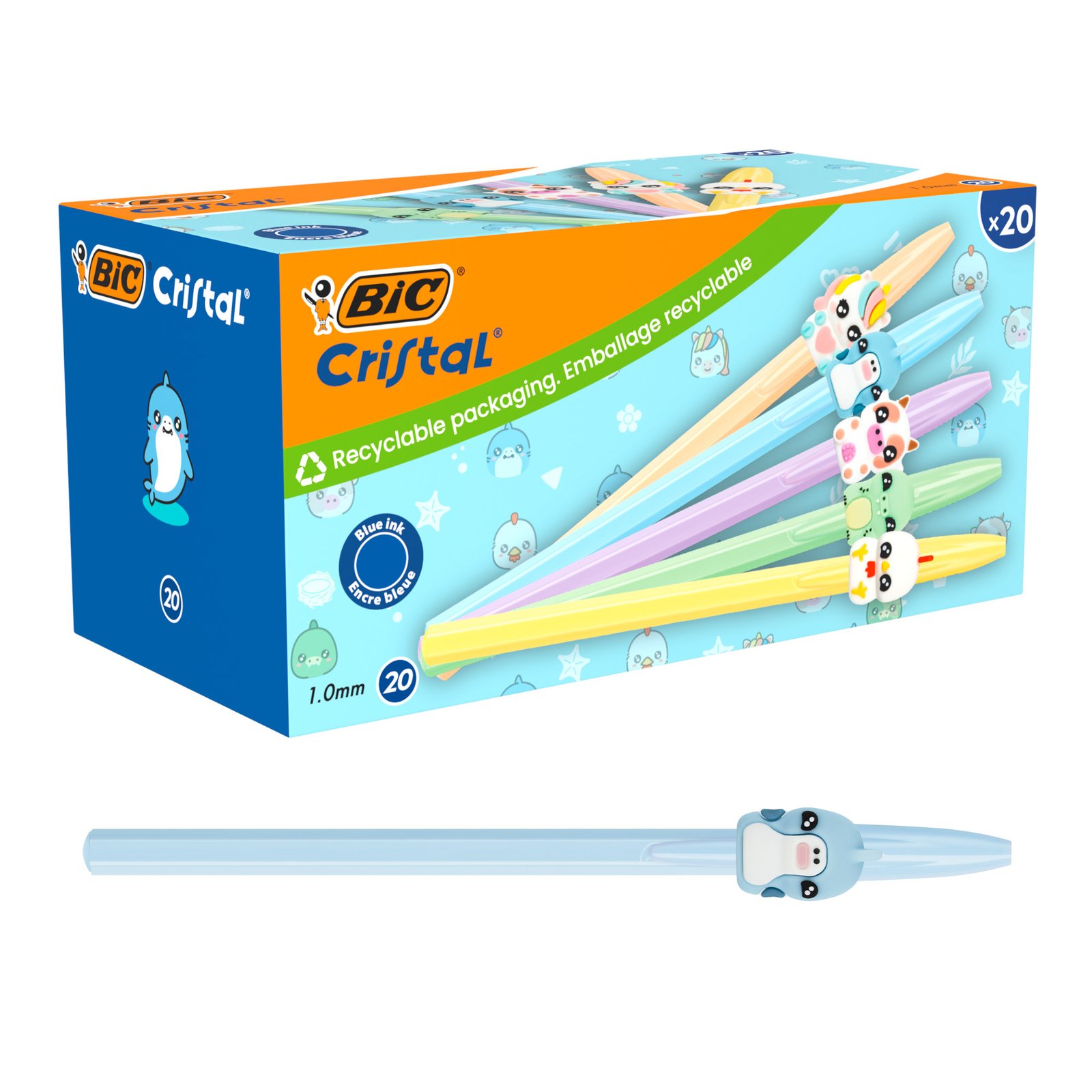 BIC Cristal Pastel Figuritas Bolígrafos Punta Media (1,0 mm) Tinta Azul - 5 Personajes y Colores Surtidos, Caja de 20