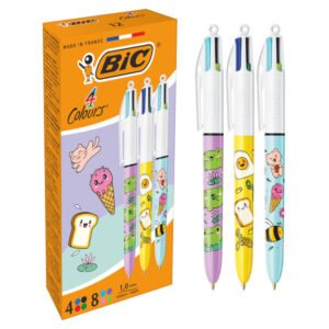 BIC 4 Colores Decor Kawaii Bolígrafos Retráctiles Punta Media (1,0 mm), Caja de 12