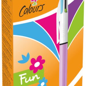 BIC 4 Colores Fun Bolígrafos Retráctiles con Tinta Rosa, Morada, Turquesa y Verde Lima - Cuerpo Lila, Caja de 12