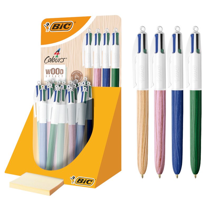 BIC 4 Colores Estilo Madera - Bolígrafos Retráctiles de Punta Media (1,0 mm) - Pack de 30