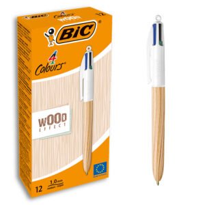 BIC 4 Colours Wood Style Bolígrafos Retráctiles efecto Madera Natural de Punta Media (1,0 mm) - Colores Surtidos, Caja de 12
