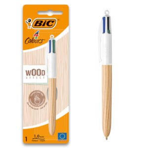 BIC 4 Colours Wood Style Bolígrafo Retráctil de Punta Media (1,0 mm) con Cuerpo efecto Madera - Pack de 1
