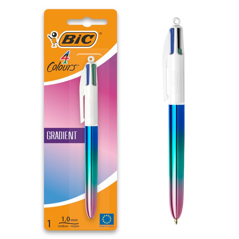 BIC 4 Colores Gradient Bolígrafo Retráctil de Punta Media (1,0 mm) - 3 Diseños de Cuerpo con Degradado Tricolor (seleccionados aleatoriamente), Pack de 1