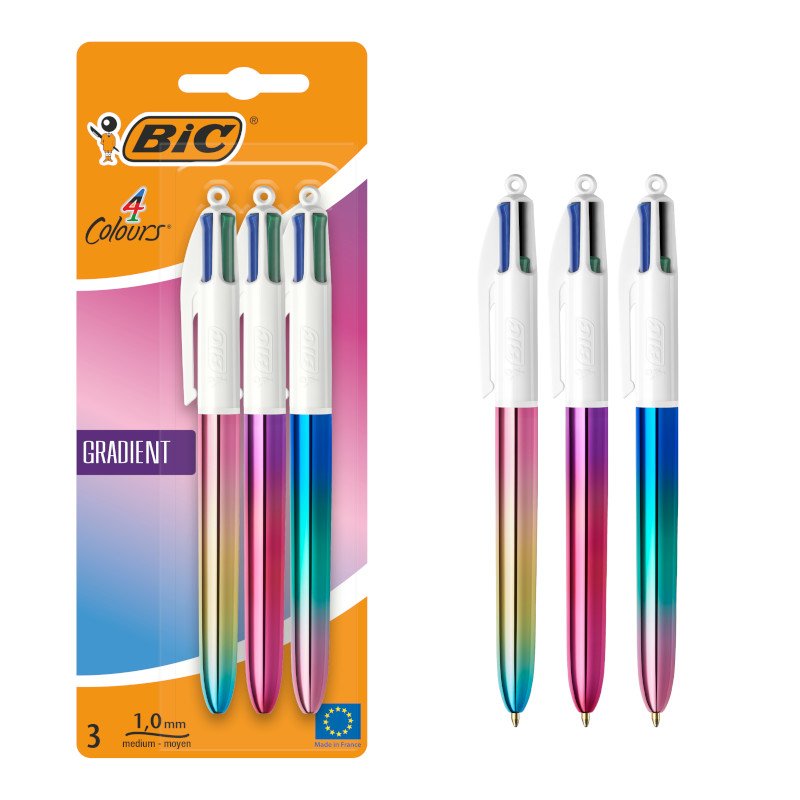 BIC 4 Colores Gradient Bolígrafo Retráctil de Punta Media (1,0 mm) - Diseños de Cuerpo con Degradado Tricolor, Pack de 3