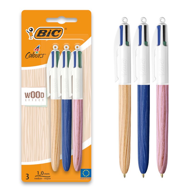 BIC 4 Colours Wood Style Bolígrafos Retráctiles de Punta Media (1,0 mm) con Cuerpo efecto Madera - Pack de 3