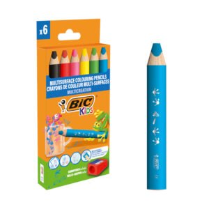 BIC Kids Lápices de Colores Multisuperficie con Cuerpo Triangular y Minas Borrables en Superficies No Porosas - Colores Surtidos, Pack de 6+1 Sacapuntas