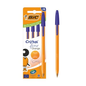 BIC Cristal Orange Original Fine Bolígrafos de Punta Fina (0,8 mm) con Cuerpo Naranja Translúcido - Azul, Caja de 4