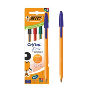 BIC Cristal Orange Original Fine Bolígrafos de Punta Fina (0,8 mm) con Cuerpo Naranja Translúcido - Colores Surtidos, Caja de 4