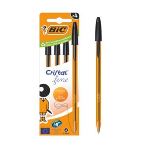 BIC Cristal Original Fine Bolígrafos de Punta Fina (0,8 mm) con Cuerpo Naranja Translúcido - Azul, Caja de 4