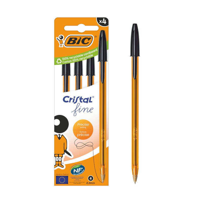 BIC Cristal Original Fine Bolígrafos de Punta Fina (0,8 mm) con Cuerpo Naranja Translúcido - Azul, Caja de 4