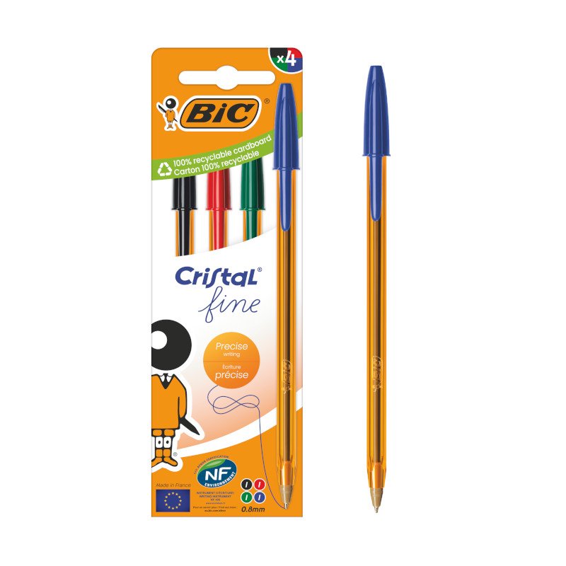 BIC Cristal Original Fine Bolígrafos de Punta Fina (0,8 mm) con Cuerpo Naranja Translúcido - Colores Surtidos, Caja de 4