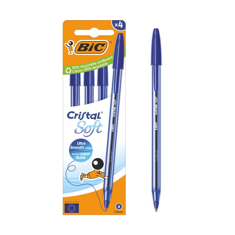 BIC Cristal Soft Bolígrafos de Punta Media (1,2 mm) con Tinta Softline - Azul, Caja de 4