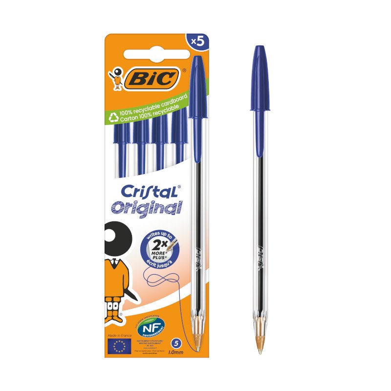 BIC Cristal Original Bolígrafos de Punta Media (1,00 mm) con Tapón y Capuchón a Juego - Azul, Caja de 5