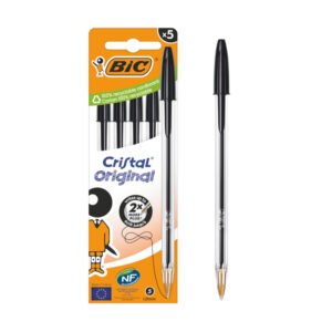 BIC Cristal Original Bolígrafos de Punta Media (1,00 mm) con Tapón y Capuchón a Juego - Negro, Caja de 5