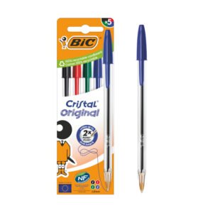 BIC Cristal Original Bolígrafos de Punta Media (1,00 mm) con Tapón y Capuchón a Juego - Colores Surtidos, Caja de 5