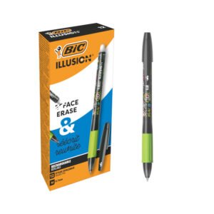 BIC Illusion Bolígrafos Borrables y Recargables de Punta Media (0,7 mm) - Tinta Negra, Caja de 12