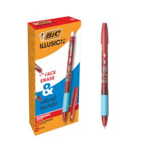BIC Illusion Bolígrafos Borrables y Recargables de Punta Media (0,7 mm) - Tinta Roja, Caja de 12