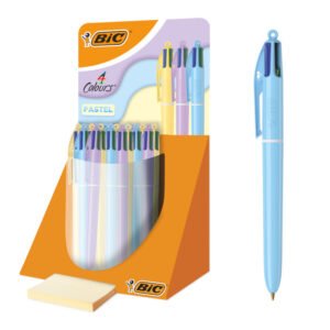 BIC 4 Colores Pastel Bolígrafos de Punta Media (1,00 mm) - Varios Colores, Expositor de 30 con Bloc de Notas para Garabatear