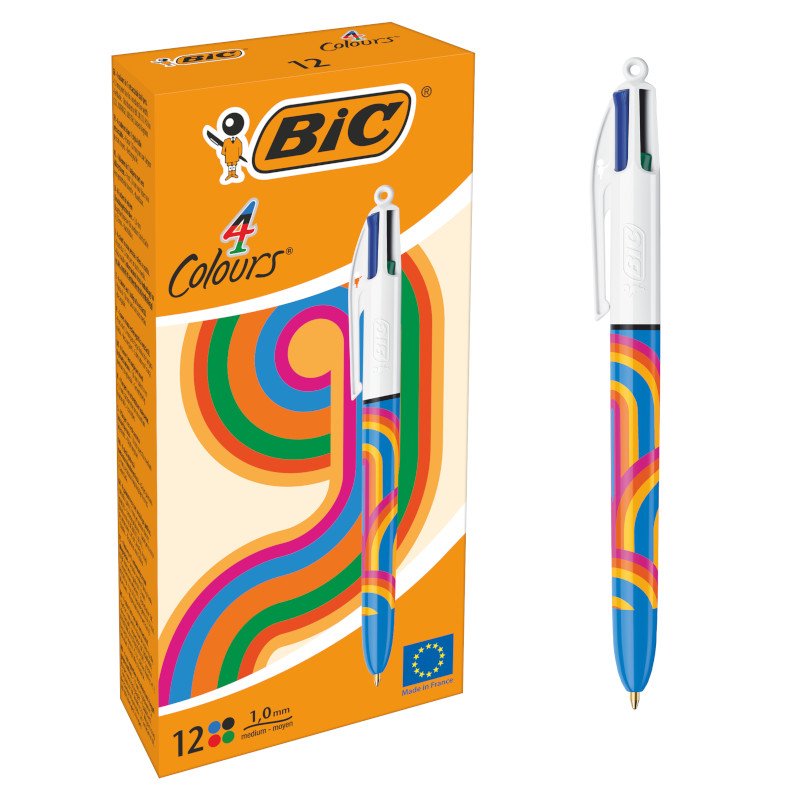 BIC 4 Colores Decors Serie Lines Bolígrafos de Punta Media (1,00 mm) - Diseños Blue Lines, Caja de 12