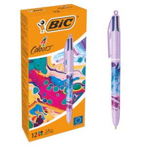 BIC 4 Colores Decors Bolígrafos de Punta Media (1,00 mm) en Colores de Tinta Clásicos - Serie Hydro Pintada Morada, Pack de 12