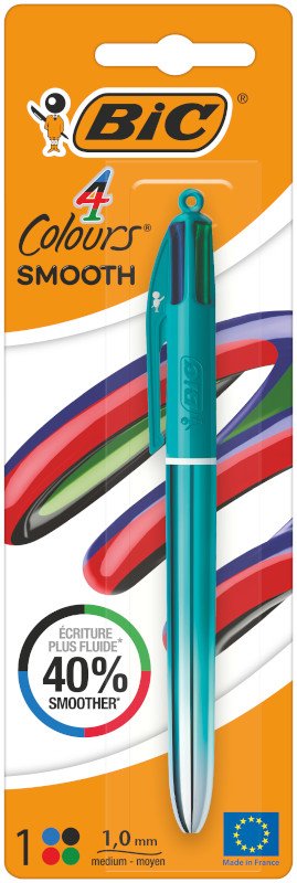 Bolígrafo BIC 4 Colores Smooth Retráctil Punta Media (1.00 mm) Enviado aleatoriamente con Cuerpo Gradiente Azul o Verde - Colores de Tinta Surtidos, Paquete de 1