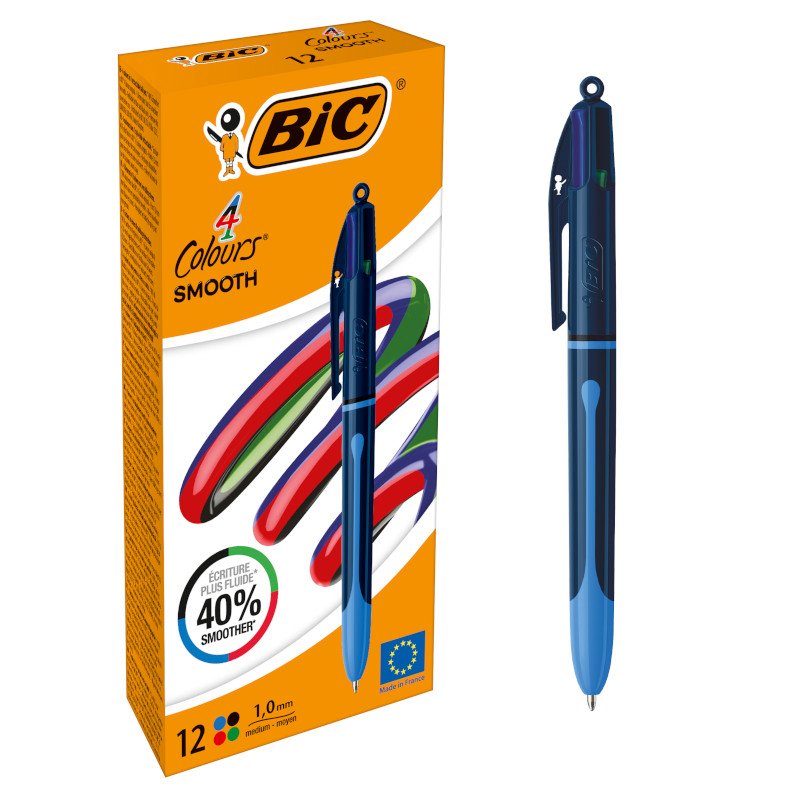 BIC 4 Colores Smooth Bolígrafo Retráctil de Punta Media (1,00 mm) con Tinta Ultrasuave - Caja de 12