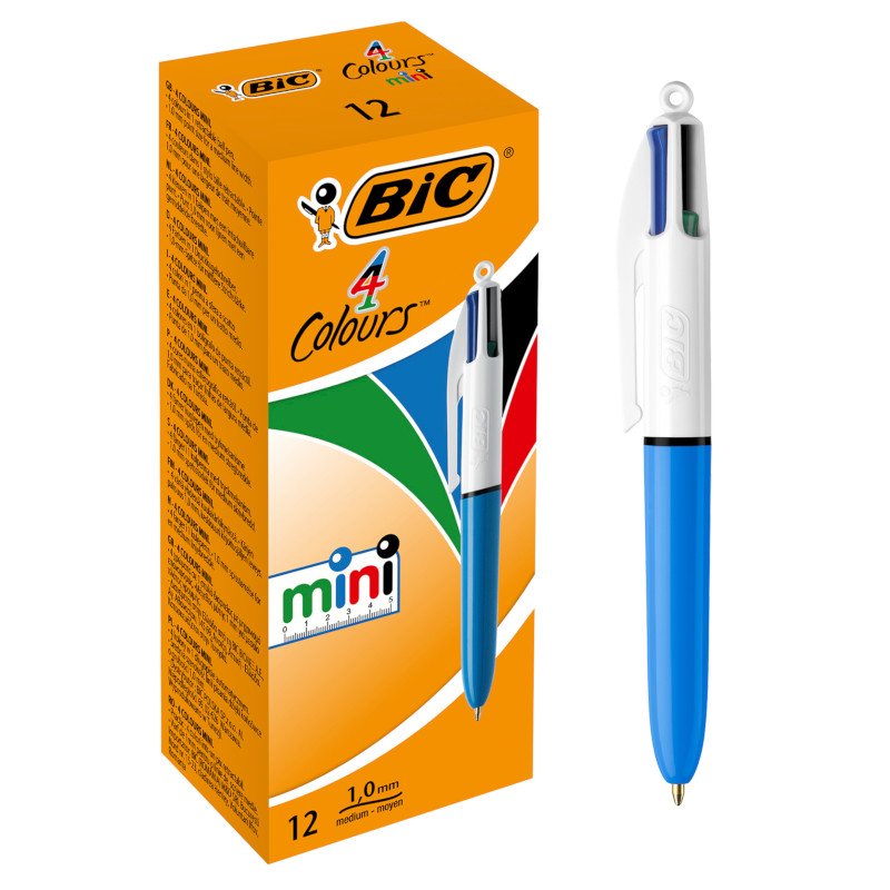 BIC 4 Colores Mini Bolígrafos Retráctiles de Punta Media (1,0 mm) - Caja de 12