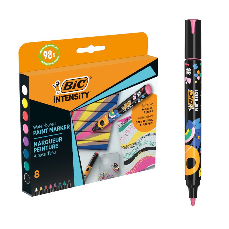 BIC Intensity Paint Marcadores con Punta Media para Múltiples Superficies, No Tóxicos - Colores Vivos Surtidos, Caja de 8