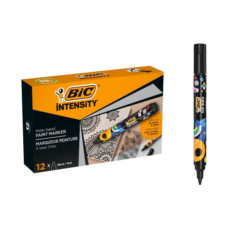 BIC Intensity Paint Marcadores con Punta Media para Múltiples Superficies, No Tóxicos - Negros, Caja de 12