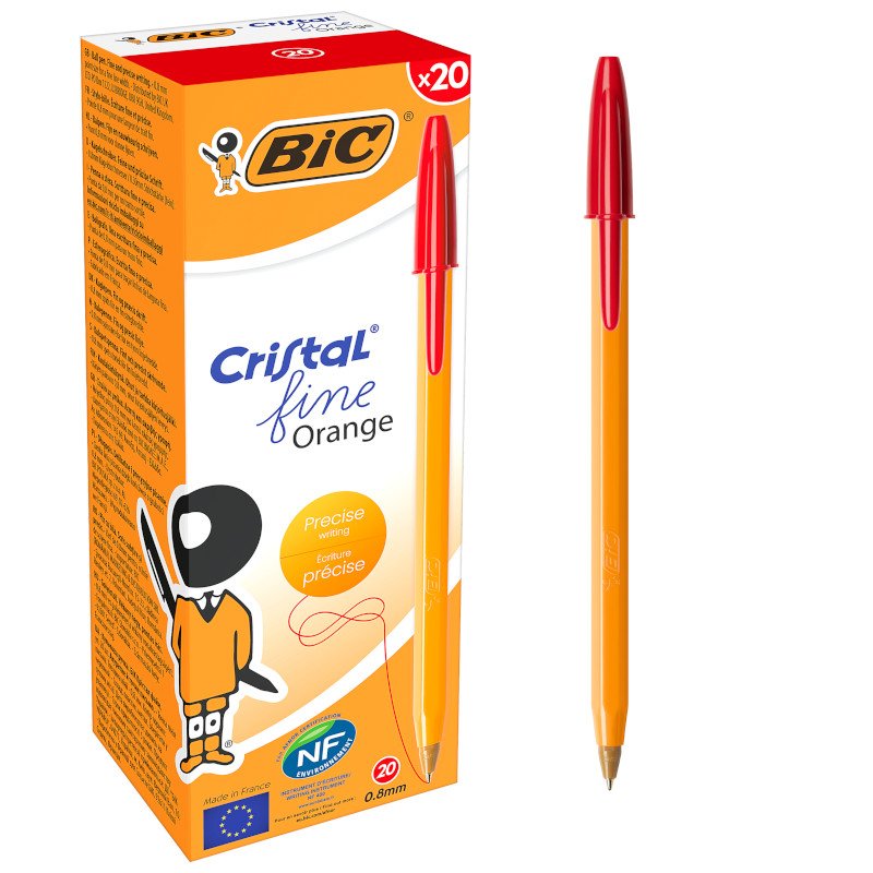 BIC Orange Original Fine Bolígrafos Punta Fina (0,8 mm) - Rojo, Caja de 20 Unidades