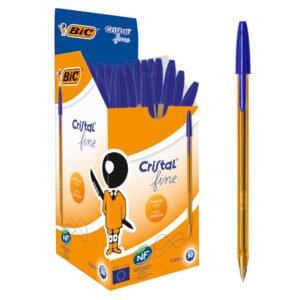 BIC Cristal Original Fine, Boligrafos Punta Fina (0.8mm), Ideal para Uso Escolar y de Oficina, Caja de 50 Unidades, Azul