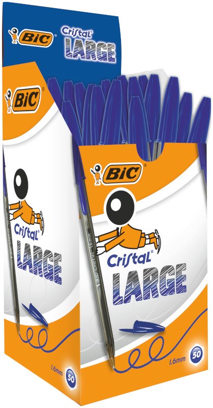 BIC Cristal Large Bolígrafos Punta Ancha (1,6 mm) - Azul, Caja de 50 Unidades, para escritura suave, ideal para oficinas