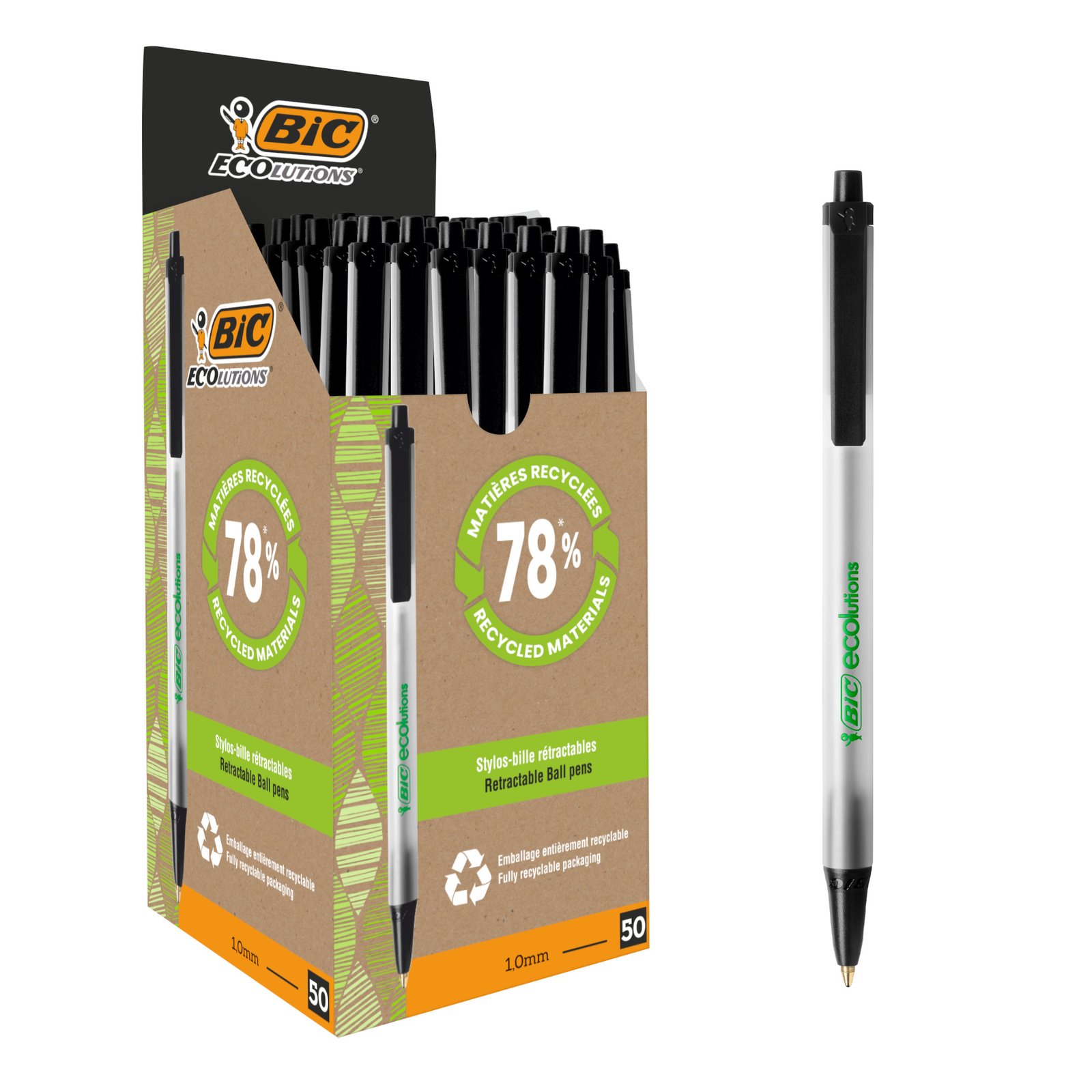 BIC Clic Stic ECOlutions Bolígrafos Retráctiles Punta Media (1,0 mm) - Negro, Caja de 50 Unidades