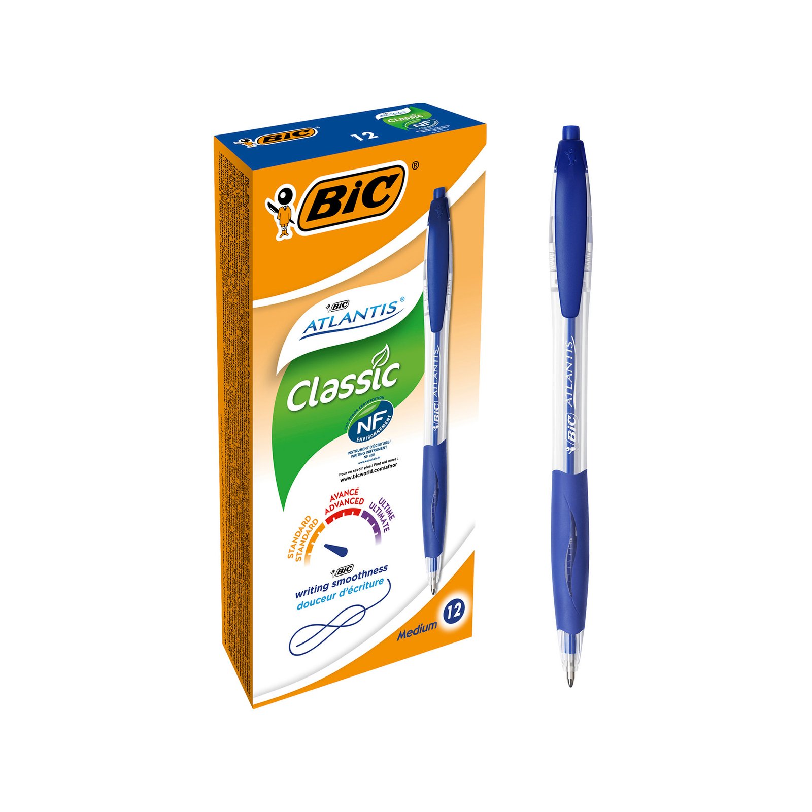 BIC Atlantis Soft Bolígrafos Retráctiles Punta Media (1,0 mm) - Azul, Caja de 12 Unidades