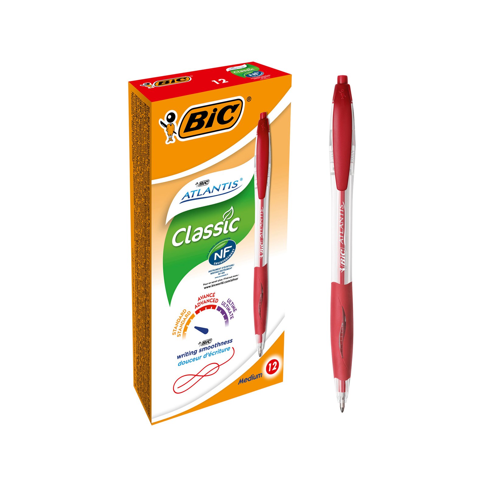 BIC Atlantis Classic Bolígrafos Retráctiles de Punta Media (1,0 mm) - Rojo, Pack de 12