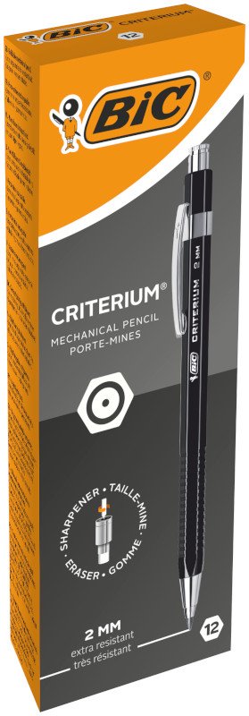 BIC Criterium HB Portaminas con Minas de 2 mm, Borrador en la Parte Superior y Sacapuntas Integrado - Cuerpo Negro, Caja de 12