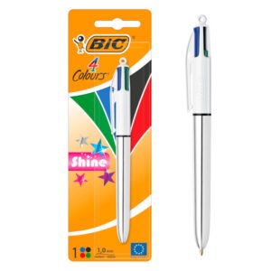 BIC 4 Colores Shine Bolígrafo Retráctil Punta Media (1,0 mm) – Colores Metálicos Surtidos, Blíster de 1 Unidad