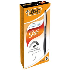 BIC Atlantis Soft Bolígrafo Retráctil Punta Media (1,0 mm) – Negro, Caja de 12 Unidades